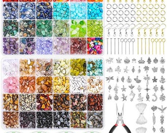 May include: A jewelry-making kit with a variety of colorful gemstone beads in a clear plastic organizer. Includes silver and gold-colored clasps, earring hooks, head pins, charms, wire, and pliers. Ideal for crafting necklaces, bracelets, and earrings.