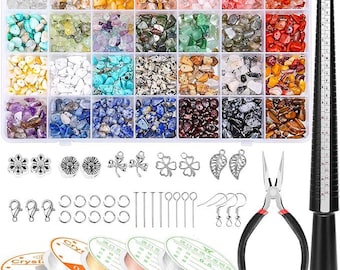 May include: A jewelry-making kit with a variety of colorful gemstones in a divided container. Includes silver-toned charms, clasps, jump rings, headpins, ear wires, pliers, beading wire, and a ring sizer. Perfect for crafting.