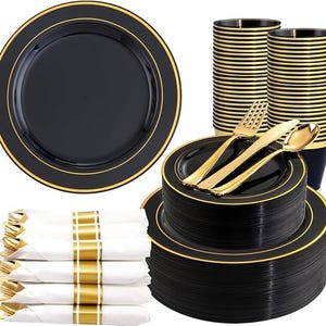 Black Gold Disposable Dinnerware Set 350 Pcs | Plates Cups Cutlery Napkins | Wedding Graduation