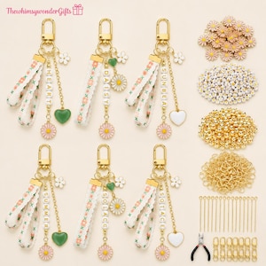 Floral Keychain Making Kit | Daisy Charms, Letter Beads, Ribbon Clips, Tools