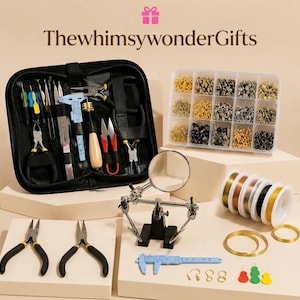 May include: A jewelry making kit featuring a black zippered tool case with various pliers, a blue plastic caliper, a clear storage box with assorted metal findings, a magnifying glass stand, spools of colored wire, and two gold-tone rings.