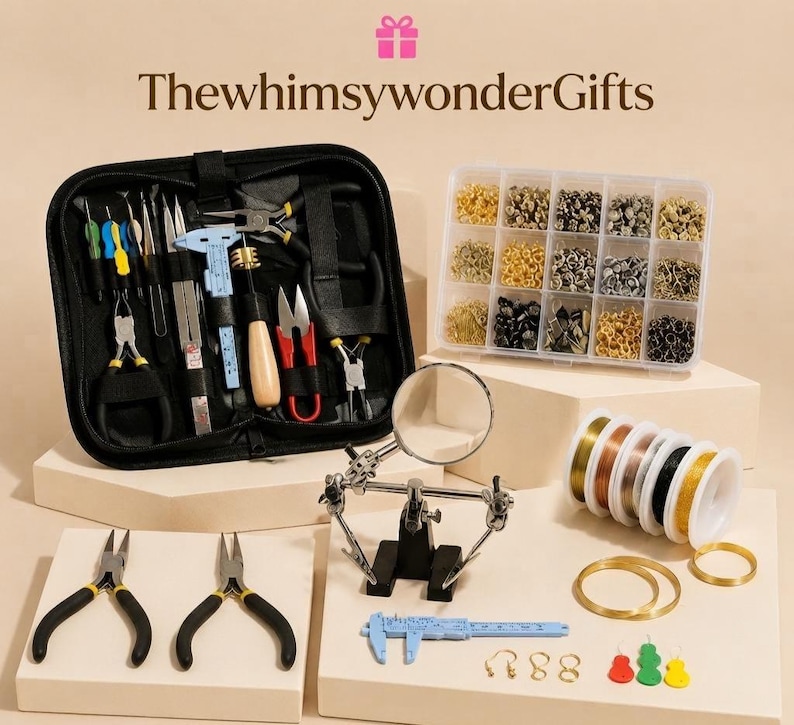 May include: A jewelry making kit featuring a black zippered tool case with various pliers, a blue plastic caliper, a clear storage box with assorted metal findings, a magnifying glass stand, spools of colored wire, and two gold-tone rings.