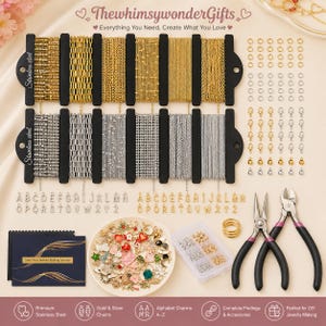 May include: A jewelry-making kit with various stainless steel chains, gold and silver findings, alphabet charms, and tools. Includes pliers, clasps, and a selection of decorative charms. The kit is designed for DIY jewelry projects.