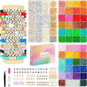 May include: A collection of craft supplies, including colorful clay beads, letter beads, and jewelry-making accessories. The image features a variety of bead colors, a box of clay beads, and tools for crafting. The bracelets have words like "FRIEND", "LOVE", and "HAPPY".