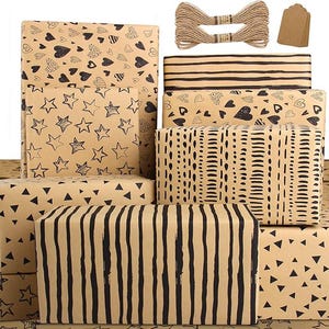 May include: A collection of wrapped gifts with various patterns, including stars, hearts, and vertical stripes in black ink on brown paper. The image also shows twine and gift tags, perfect for wrapping presents.