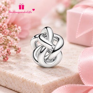 May include: A polished silver charm bead featuring an intricate, continuous knot design with smooth, rounded surfaces. The metallic piece has a reflective finish and a hollow centre, showcasing a complex, interwoven structure that forms a circular shape.