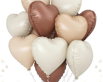 12 Pcs Cream Brown Heart Balloons | 18 Inch Boho Neutral Foil Balloons