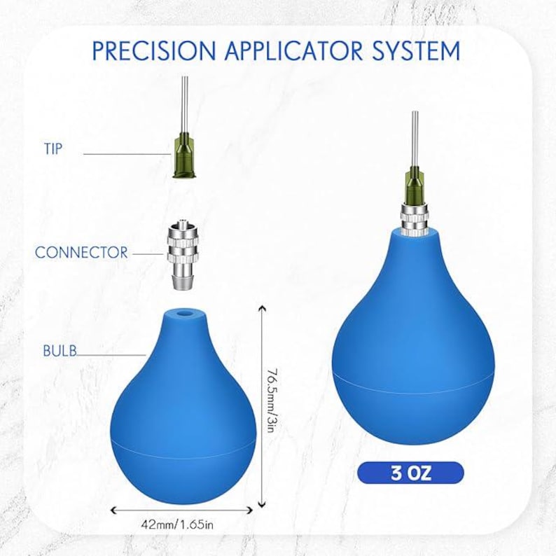 Puede incluir: Un sistema de aplicador de precisi&oacute;n azul con una pera, un conector y una punta. La pera mide 4,2 cm de ancho y 7,65 cm de alto. El sistema est&aacute; etiquetado como "3 OZ" y "PRECISION APPLICATOR SYSTEM".