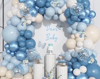 Dusty Blue Balloon Garland Kit | 157pcs Arch Decor | Metallic Sand White Confetti Balloons | Baby Shower Birthday Gender Reveal