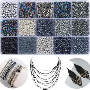 May include: An assortment of jewellery-making materials and finished items. The image displays a selection of beads in a segmented container, alongside a bracelet, a multi-strand necklace, and beaded earrings. The beads are in diverse colours and shapes.