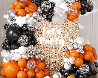 Orange Black Balloon Arch Kit | Chrome Silver Confetti Party Decorations