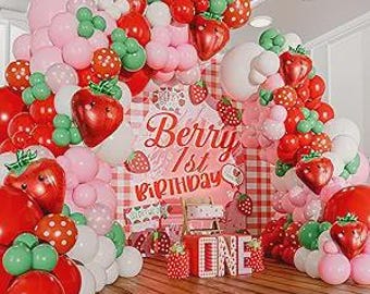 Strawberry Balloon Arch Kit | All in 1 Garland Set with Bonus Balloons | Strawberry Shortcake Birthday Baby Shower Party Decor