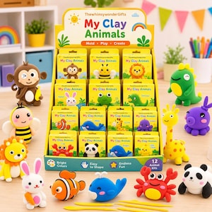May include: A display of "My Clay Animals" kits, featuring colorful clay animal figures like a monkey, bee, lion, rabbit, fish, whale, giraffe, octopus, crab, panda, and dinosaur. The kits are in yellow boxes with animal illustrations.