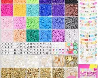 6000Pcs Clay Beads Kit Flat Polymer Beads with Charms for DIY Friendship Jewelry Crafts