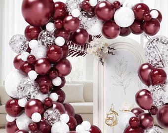 Decoraciones para fiesta de graduación color granate, kit de arco de globos de 134 piezas, color burdeos, blanco y plateado.