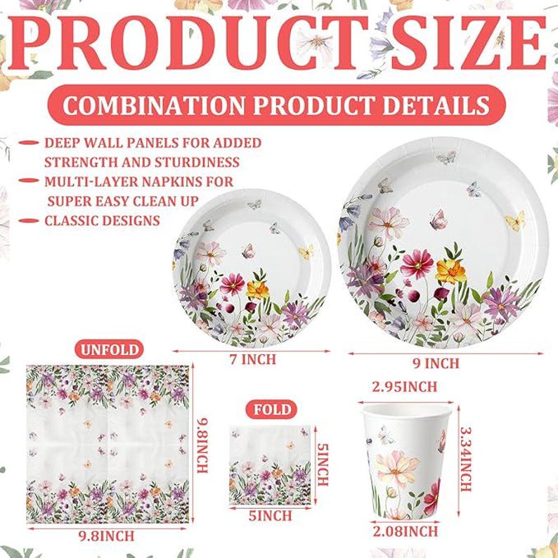 250 Pcs Spring Wildflower Tableware Set Disposable Plates Napkins Cups ...