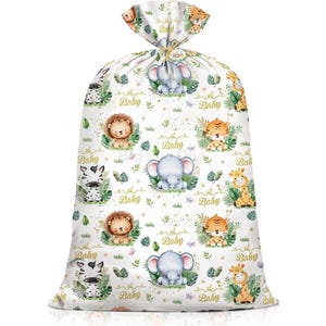 May include: A white gift bag with a repeating pattern of baby animals, including elephants, lions, tigers, zebras, and giraffes. The words "oh Baby" are scattered throughout the design. The bag is tied at the top with a gold string.