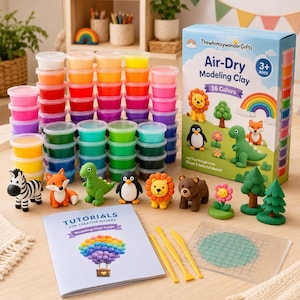 May include: A colorful set of air-dry modeling clay with 36 colors, animal figurines, and a guide for creative makers. The kit includes a variety of tools and a clear plastic mat. The box features a rainbow and animal illustrations.