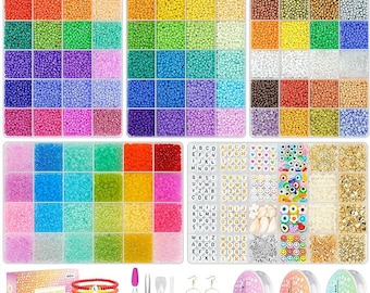 May include: A craft kit with colorful beads, letter beads, charms, and jewelry-making tools. The kit includes various colors of round beads, letter beads, smiley face beads, and gold-colored charms. Also included are elastic string, nylon thread, and jewelry-making tools.