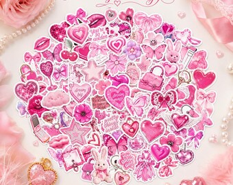 May include: A collection of assorted pink and magenta stickers featuring hearts, butterflies, bows, flowers, lips, stars, a bunny, a handbag, and a flip phone. Some stickers include text such as You're so golden, dream big, dream magic, and pretty things inside.
