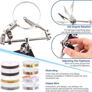May include: A silver-colored metal soldering station featuring a magnifying glass and adjustable alligator clips on a black base. The device includes 360 degree rotation and adjustable screws. Also shown are four spools of chain and four spools of copper wire.