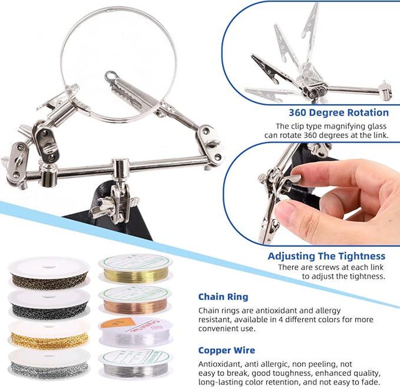May include: A silver-colored metal soldering station featuring a magnifying glass and adjustable alligator clips on a black base. The device includes 360 degree rotation and adjustable screws. Also shown are four spools of chain and four spools of copper wire.