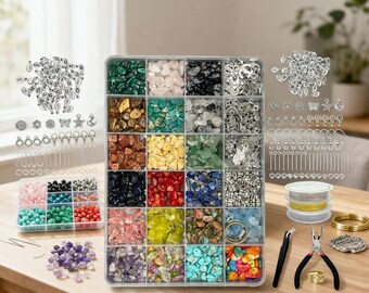 May include: A jewelry-making kit with a variety of colorful gemstones, beads, and metal findings. The kit includes a clear plastic organizer with multiple compartments filled with different types of beads, charms, and tools. The text "ThewhimsyWonderGifts" is visible.