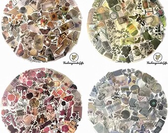 May include: Four circular collections of assorted paper stickers arranged in a collage style. Each circle features a distinct color palette: beige and brown, green and olive, pink and maroon, and blue and grey. Each set includes various small images.
