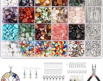 May include: A jewelry-making kit with a variety of colorful gemstones, beads, and findings. Includes a pendant, earrings, rings, wire, and tools. The gemstones are in a clear plastic organizer. The kit offers a range of colors and textures for crafting.