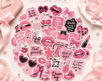 May include: A collection of pink-themed stickers featuring various designs including lips, hearts, cherries, perfume bottles, high heels, bows, and disco balls. The stickers contain text such as Be You Do You For You, Sparkle is my favorite color, Treat yourself, Made of magic, Stay Kind, Dream big, and It's a good day to have a good day.