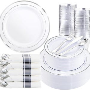 Silver Plastic Dinnerware Set for 50 Guests | Elegant Disposable Plates, Cutlery, Napkins