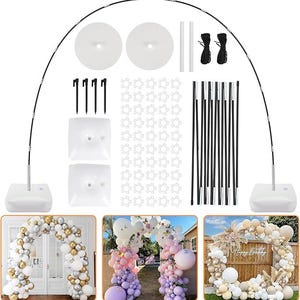 May include: A balloon arch kit featuring a large black flexible rod, two white square base weights, two white circular base plates, two white poles, two black strings, four black ground stakes, and numerous clear plastic balloon clips.