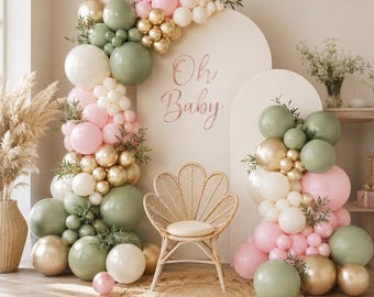 Kit de arco de globos verde salvia, rosa y dorado / Decoraciones bohemias para baby shower y bodas