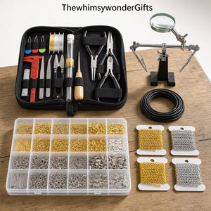 May include: A jewelry making kit featuring a black zippered case containing pliers, tweezers, a red caliper, and needles. Includes a magnifying glass with alligator clips, a clear plastic organizer box with gold and silver findings, and four spools of chain.