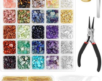 May include: A jewelry-making kit with a variety of colorful gemstone beads, metal findings, and string. Includes a clear plastic organizer with compartments of different colored stones, pliers, tweezers, and spools of string. A gold ring is also included.