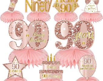 Pink Rose Gold 90th Birthday Centerpieces | 9 Pcs Honeycomb Table Decorations | Happy 90th Birthday Party Supplies for Her