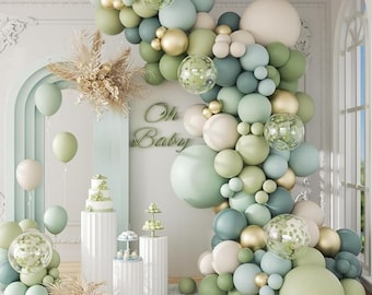 141pcs Sage Green Dusty Blue Balloon Garland Kit Gold White Confetti Baby Shower Party