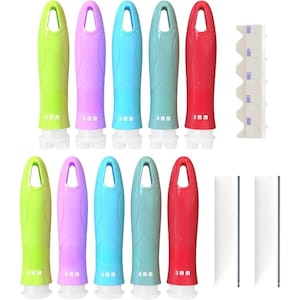 May include: A set of colorful crochet hooks in green, purple, blue, teal, and red. Each hook is labeled with a size in millimeters. Also included are a gauge measuring tool and two white gauge swatches.