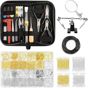 May include: A black zippered tool kit with various jewelry-making tools, including pliers, tweezers, and measuring tools. A clear plastic organizer contains an assortment of gold and silver jewelry findings. Additional spools of chain and a magnifying glass are also included.