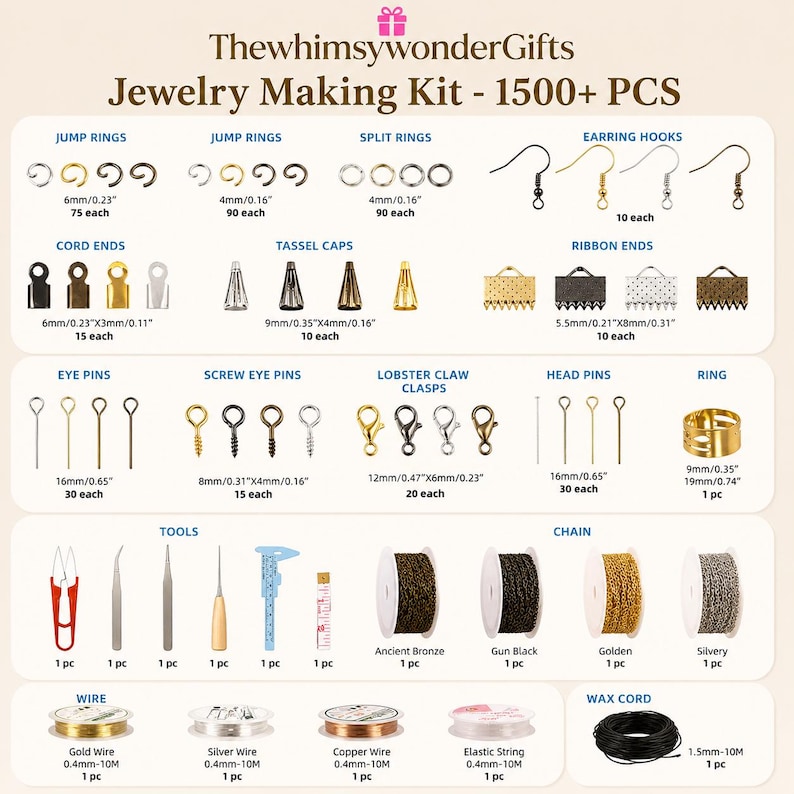 May include: A jewelry making kit containing over 1500 pieces, including jump rings, earring hooks, cord ends, tassel caps, ribbon ends, eye pins, screw eye pins, lobster claw clasps, head pins, a ring, tools, chains, wires, and wax cord.