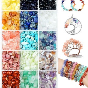 May include: A collection of colorful gemstones and jewelry. The image features a divided container filled with various polished stones in shades of yellow, black, blue, orange, pink, and green. Also shown are earrings, a pendant, a tree sculpture, and bracelets.