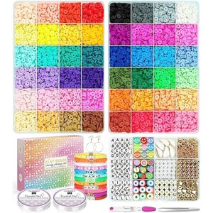 May include: A craft kit with colorful clay beads in various shades, arranged in a grid. The kit includes jewelry-making supplies like string, letter beads, smiley face beads, and bracelets. The box reads "CLAY BEADS jewelry making kit".