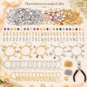 May include: A jewelry making kit containing silver and gold-toned metal charms, colorful enamel alphabet pendants, letter charms, multiple link bracelets with lobster clasps, jump rings, and a pair of black-handled metal pliers for assembly.