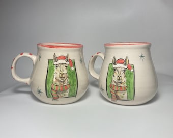 Handmade Christmas Llama Mug – Holiday Ceramic Coffee Cup, Festive Pottery Gift, Hand Painted Pottery