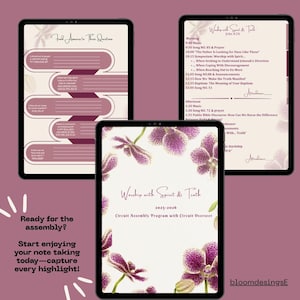 May include: Digital tablet displays with a floral design and text. The tablets show a circuit assembly program, with the text "Worship with Spirit & Truth" and "Ready for the assembly? Start enjoying your note taking today-capture every highlight!"