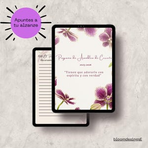 Pode incluir: Dois tablets pretos com ecrãs brancos. Um exibe uma página com linhas e texto, o outro apresenta um design floral e o texto "Programa de Asamblea de Circuito 2025-2026". Um círculo roxo com texto está no canto superior esquerdo.