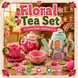 Floral Crochet Tea Set Pattern | Amigurumi Teapot, Cups (PDF Download)