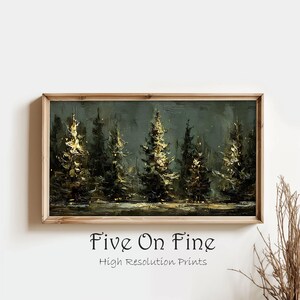 May include: A framed landscape painting featuring a forest of evergreen trees. The artwork uses a dark color palette with highlights of gold and yellow, creating a contrast against the deep green and gray background. The text "Five On Fine" and "High Resolution Prints" is at the bottom.