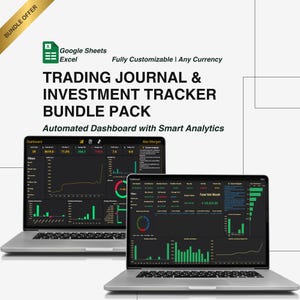 Puede incluir: Dos portátiles que muestran paneles financieros. Las pantallas muestran gráficos y visualizaciones de datos. El texto en la pantalla incluye "Trading Journal & Investment Tracker Bundle Pack" y "Automated Dashboard with Smart Analytics."