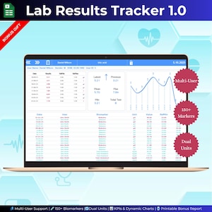 May include: A laptop displays a lab results tracker interface. The screen shows data visualizations, including graphs and tables, with the text "Lab Results Tracker 1.0." Features include multi-user support, 150+ biomarkers, and dual units.